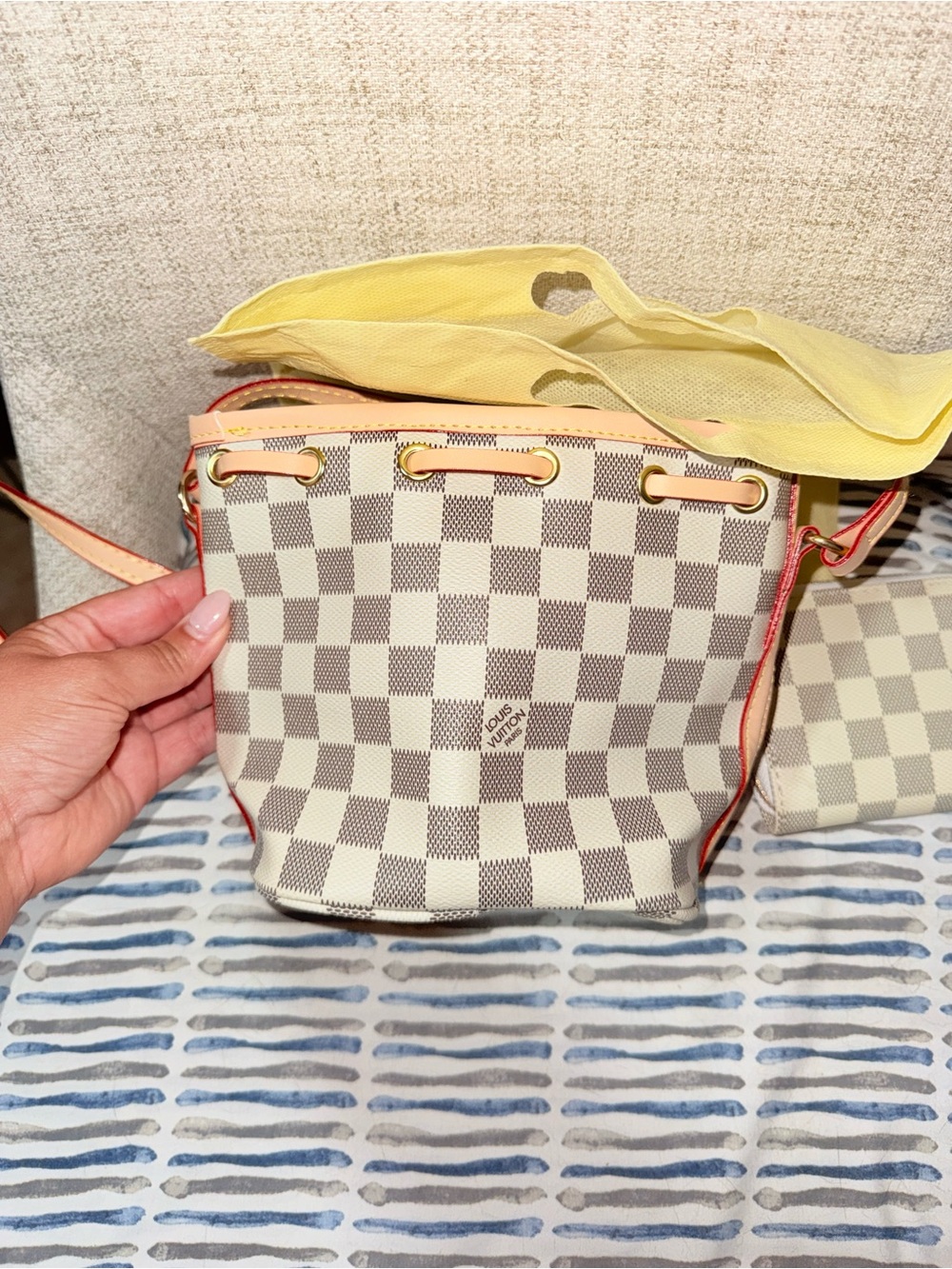 Cream Check Drawstring Bucket Bag with Matching Wallet